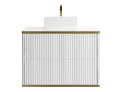 Móvel De Casa De Banho Suspenso Estriado Rebordo Dourado Com Lavatório De Pousar Branco 80 Cm - Keliza