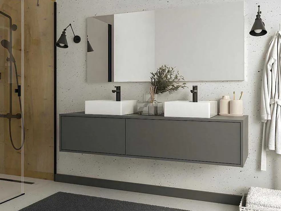 Móvel De Casa De Banho Suspenso Com Lavatório Duplo Cor Cinza Antracite C150 Cm - Isaure Ii