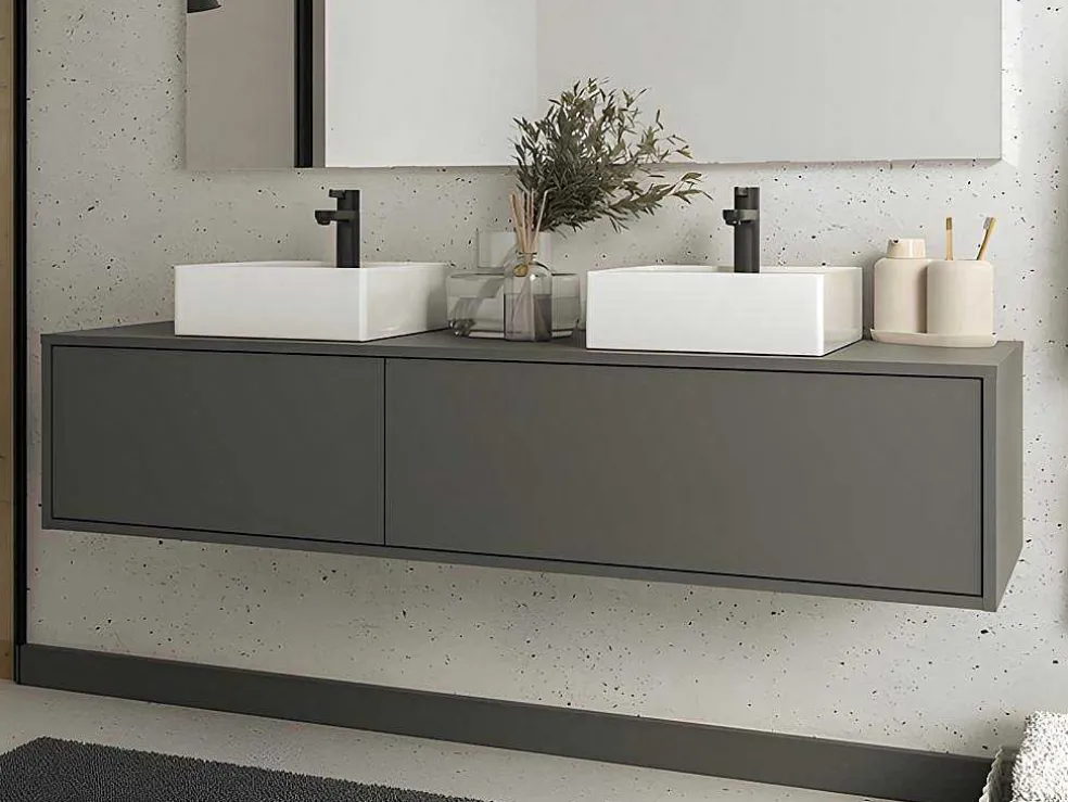 Móvel De Casa De Banho Suspenso Com Lavatório Duplo Cor Cinza Antracite C150 Cm - Isaure Ii