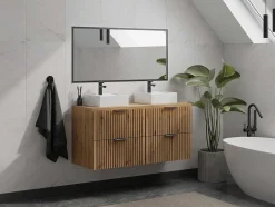 Móvel De Casa De Banho Suspenso Estriado Com Lavatório De Pousar Natural Claro C120 Cm - Zevara