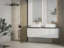 Móvel De Casa De Banho Suspenso Estriado Branco Com Lavatório Duplo De Pousar 120 Cm - Latoma