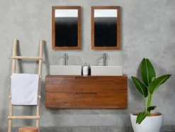 Móvel De Casa De Banho Suspenso Em Teca Escura Com Lavatório Duplo E Espelhos Com 2 Gavetas De 115 Cm - Bimbing