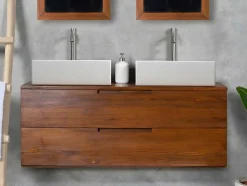 Móvel De Casa De Banho Suspenso Em Teca Escura Com Lavatório Duplo E Espelhos Com 2 Gavetas De 115 Cm - Bimbing