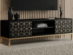 Móvel De Tv Com 2 Portas E 1 Prateleira Em Madeira De Mangueira E Metal Preto E Dourado - Analimy