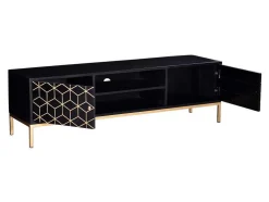 Móvel De Tv Com 2 Portas E 1 Prateleira Em Madeira De Mangueira E Metal Preto E Dourado - Analimy