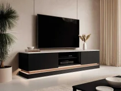 Móvel De Tv 2 Gavetas E 2 Nichos Com Leds Em Mdf Preto E Efeito Marmore Branco - Devika De Pascal Morabito