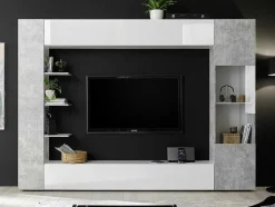Móvel De Tv Lacado A Branco E Cinza Cimento Com Espacos De Arrumação - Sirius