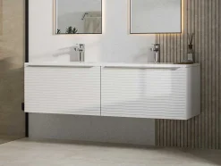 Móvel Suspenso De Casa De Banho Estriado Branco Com Lavatório Duplo De Encastrar 120 Cm - Latoma
