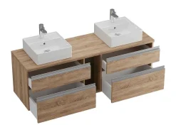 Móvel Suspenso Para Casa De Banho Com Dupla Pia E Espelhos - Cor Natural Clara - 150 Cm - Magdalena Ii