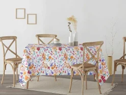Nappe Anti-Taches 100% Coton 1 Piece Blanc A Fleurs Vives 100X140