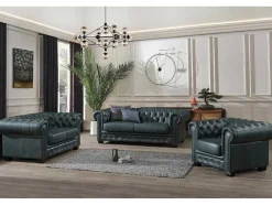 Poltrona Chesterfield Brenton 100% Pele De Bufalo Superior Cor Verde-Acinzentado