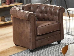 Poltrona Chesterfield Em Microfibra Com Aspeto De Pele Envelhecida