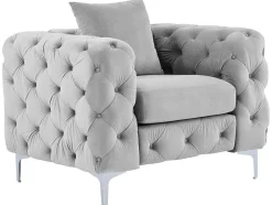 Poltrona Chesterfield Em Veludo Cinza-Claro - Edwina