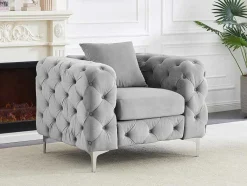 Poltrona Chesterfield Em Veludo Cinza-Claro - Edwina