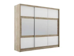 Roupeiro 3 Portas De Correr Com Espelho C250 Cm Cor Natural E Branco - Leovia