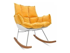 Santiago - Poltrona De Balanco Design Em Pp E Madeira De Pinho. Cadeira De Baloico Com Almofada De Veludo Amarelo Delia Acolchoada E Acolchoada