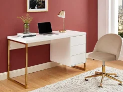Secretária Com 3 Gavetas, Mdf Lacado E Metal, Branco E Dourado - Timfia