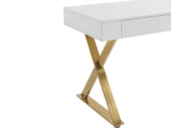 Secretária Com 2 Gavetas, Mdf Lacado E Metal, Branco E Dourado - Pleisa