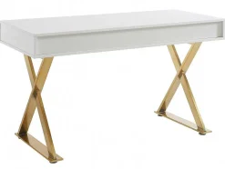 Secretária Com 2 Gavetas, Mdf Lacado E Metal, Branco E Dourado - Pleisa