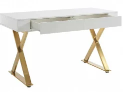 Secretária Com 2 Gavetas, Mdf Lacado E Metal, Branco E Dourado - Pleisa