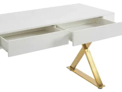 Secretária Com 2 Gavetas, Mdf Lacado E Metal, Branco E Dourado - Pleisa