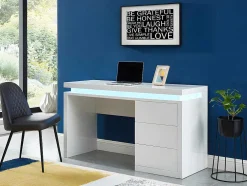 Secretária Com 3 Gavetas - Mdf Lacado A Branco - Leds - Emerson