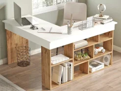 Secretária De Canto Com Espacos De Arrumação Cor Branco E Natural - Lileul