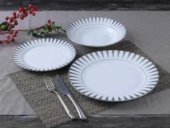 Servico De Loica 18 Pecas Porcelana Branco E Prateado - Dynao