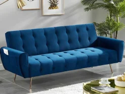 Sofá Cama Clic Calc De 3 Lugares Em Veludo Azul Escuro - Polani