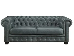 Sofá Chesterfield 3 Lugares Brenton 100% Pele De Bufalo Superior Cor Verde-Acinzentado