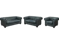 Sofá Chesterfield 3+2+1 Lugares Brenton 100% Pele De Bufalo Superior Cor Verde-Acinzentado