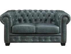 Sofá Chesterfield 3+2 Lugares Brenton 100% Pele De Bufalo Superior Cor Verde-Acinzentado