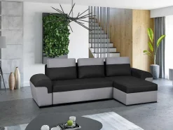 Sofá De Canto Convertivel Em Cama E Reversivel Em Tecido Bicolor Preto E Cinzento Claro - Gaby