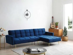 Sofá De Canto Convertivel Reversivel Clic-Clac Em Veludo Azul-Real - Nieto
