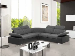 Sofá De Canto Modular Com Arrumação Em Tecido E Pele Sintética Bicolor Cinzento Escuro E Preto - Rabelais