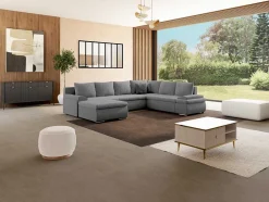 Sofá De Canto Panorâmico Convertivel Em Cama E Reversivel Em Pele Sintética E Tecido Cinzento - Dakota