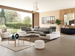 Sofá De Canto Panorâmico Modular Em Tecido E Pele Sintéticabicolor Cinzento E Branco - Canto Direito - Boileau