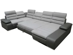 Sofá De Canto Panorâmico Modular Em Tecido E Pele Sintética Bicolor Cinzento Claro E Cinzento Escuro - Canto Direito - Boileau