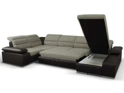 Sofá De Canto Panorâmico Modular Em Tecido E Pele Sintéticabicolor Bege E Castanho - Canto Direito - Boileau