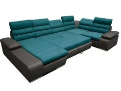 Sofá De Canto Panorâmico Modular Em Tecido E Pele Sintética Bicolor Turquesa E Cinzento Escuro - Canto Esquerdo - Boileau