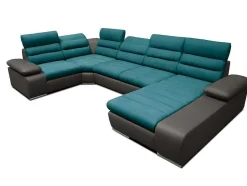 Sofá De Canto Panorâmico Modular Em Tecido E Pele Sintética Bicolor Turquesa E Cinzento Escuro - Canto Direito - Boileau