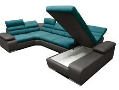 Sofá De Canto Panorâmico Modular Em Tecido E Pele Sintética Bicolor Turquesa E Cinzento Escuro - Canto Direito - Boileau