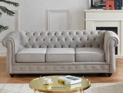 Sofá De 3 Lugares Chesterfield - Veludo Cinzento Claro