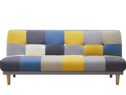 Sofá De 3 Lugares Clic-Clac Em Tecido E Cores Patchwork Cinza, Azul E Amarelo - Mardag
