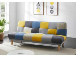 Sofá De 3 Lugares Clic-Clac Em Tecido E Cores Patchwork Cinza, Azul E Amarelo - Mardag
