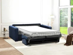 Sofá De 4 Lugares Convertivel Abertura Rapida Veludo Canelado Azul, Cama De 160 Cm, Colchão De 18 Cm - Mondovi