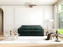 Sofá De 4 Lugares Convertivel Abertura Rapida Veludo Canelado Verde, Cama De Ripas Largas, Colchão De 18 Cm - Mondovi