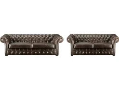 Sofá De 3+2 Lugares 100% Couro Envelhecido Estilo Chesterfield - Clotaire