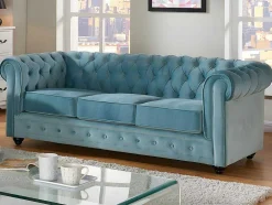 Sofá De 3 Lugares E Cadeirão Chesterfield - Veludo Azul Pastel