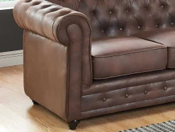 Sofá De 3 Lugares E Cadeirão Chesterfield Em Microfibra Com Aspeto De Pele Envelhecida